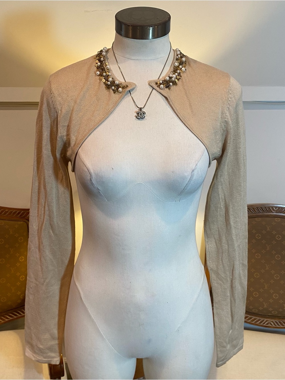 Vintage 90s Robert Rodriguez Silk-Cashmere Tan Beaded Cropped Bolero Shrug Sz M